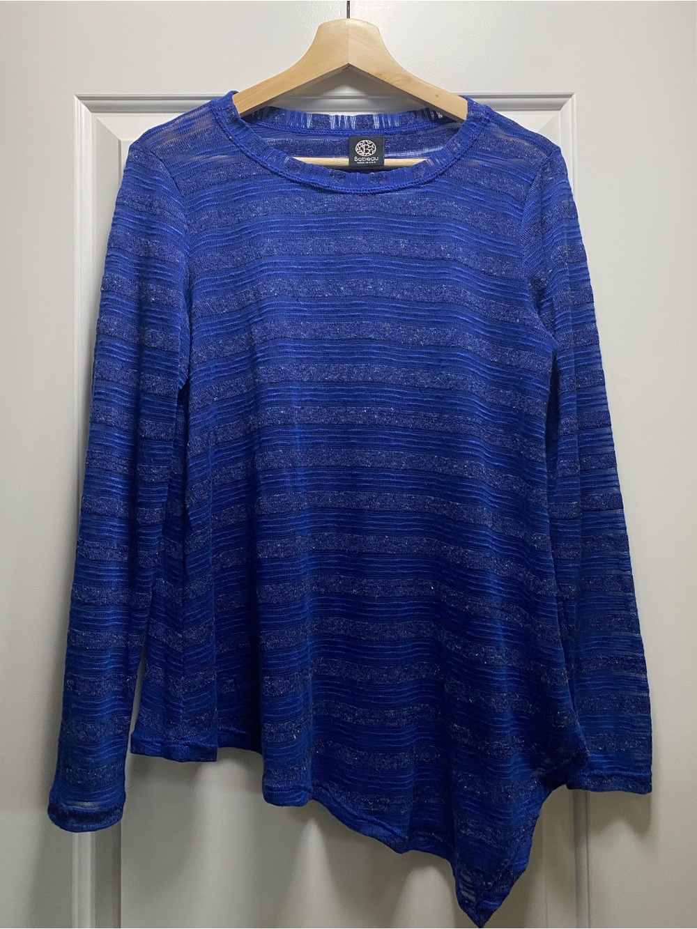 Bobeau Asymmetrical Blue Sheer Striped Long Sleeve Top M